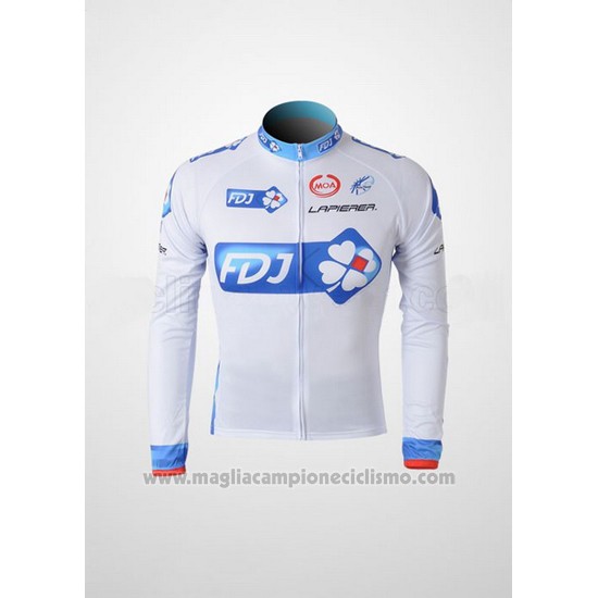 2010 Abbigliamento Ciclismo FDJ Bianco e Azzurro Manica Lunga e Salopette